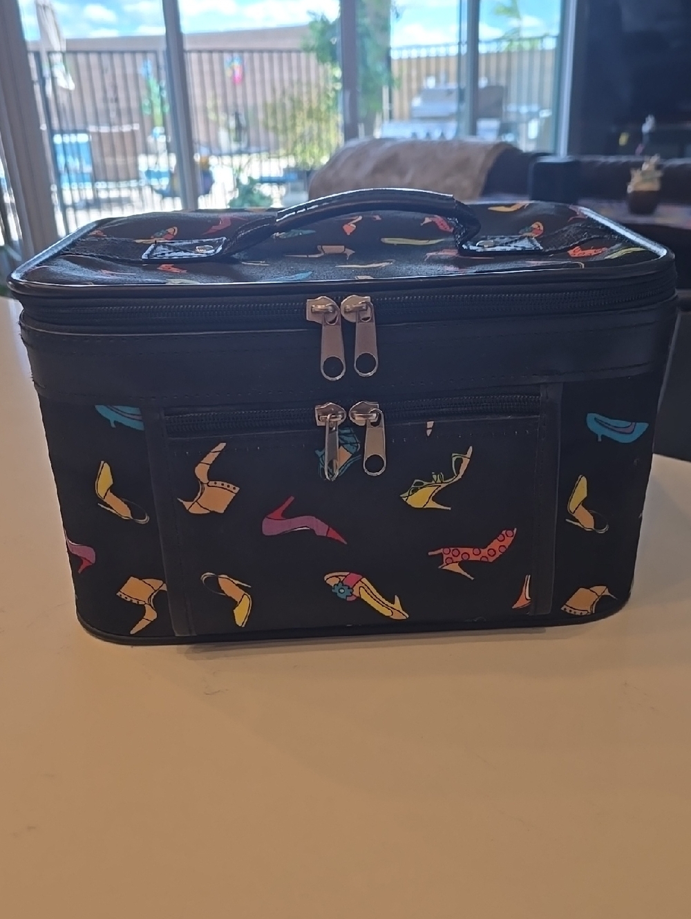 Black Shoe-Print Travel Cosmetic Case